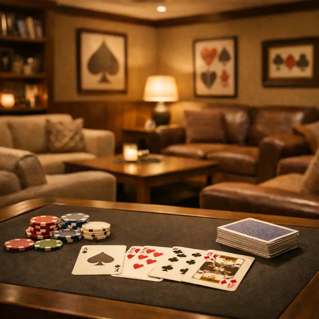 Comfortable seating in the Card Lounge with a partial view of the Poker Room and a physical poker table through an open doorway