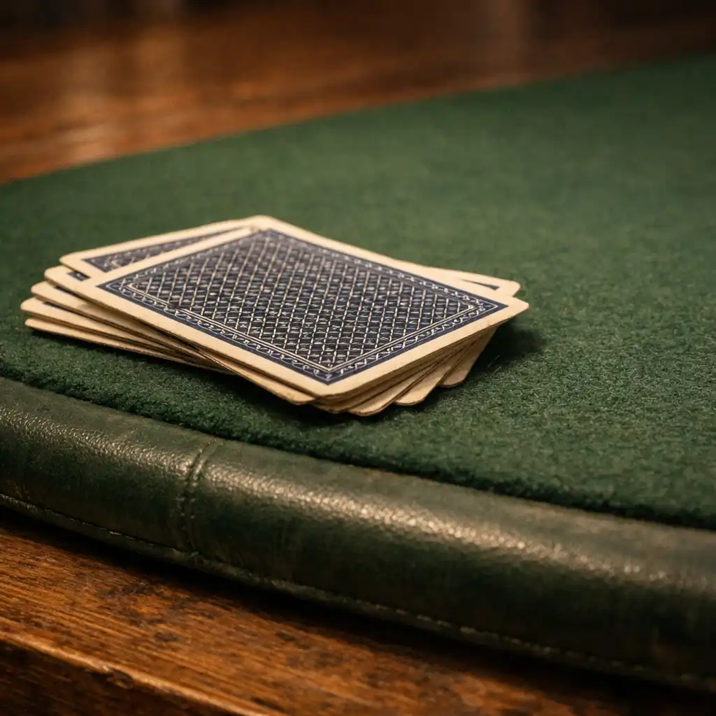 Close-up of physical playing cards and a deep green felt table edge on a timber table in the Card Lounge