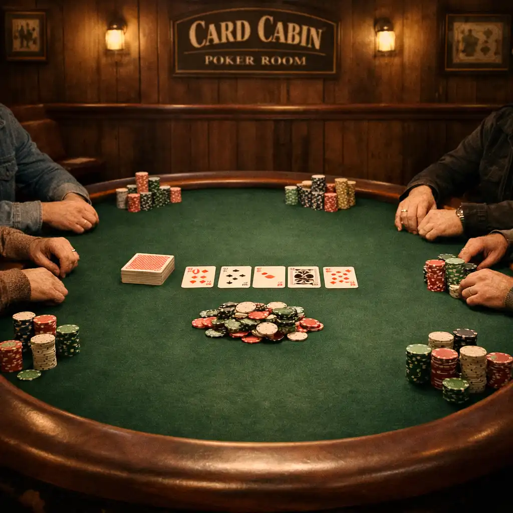 Complete poker table with players in the Card Cabin Poker Room
