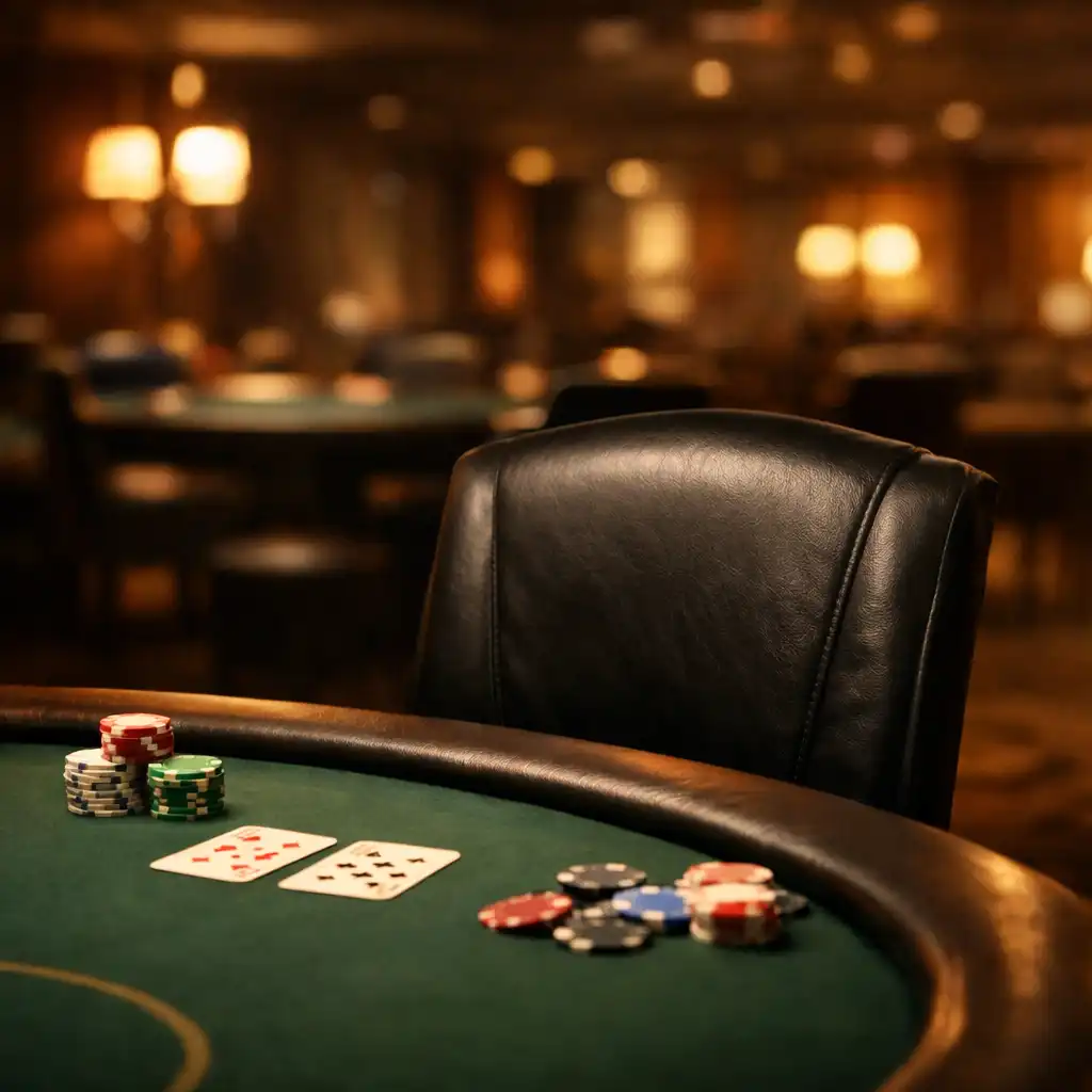 An empty seat at a poker table in the Card Cabin Poker Room, inviting a player to sit down