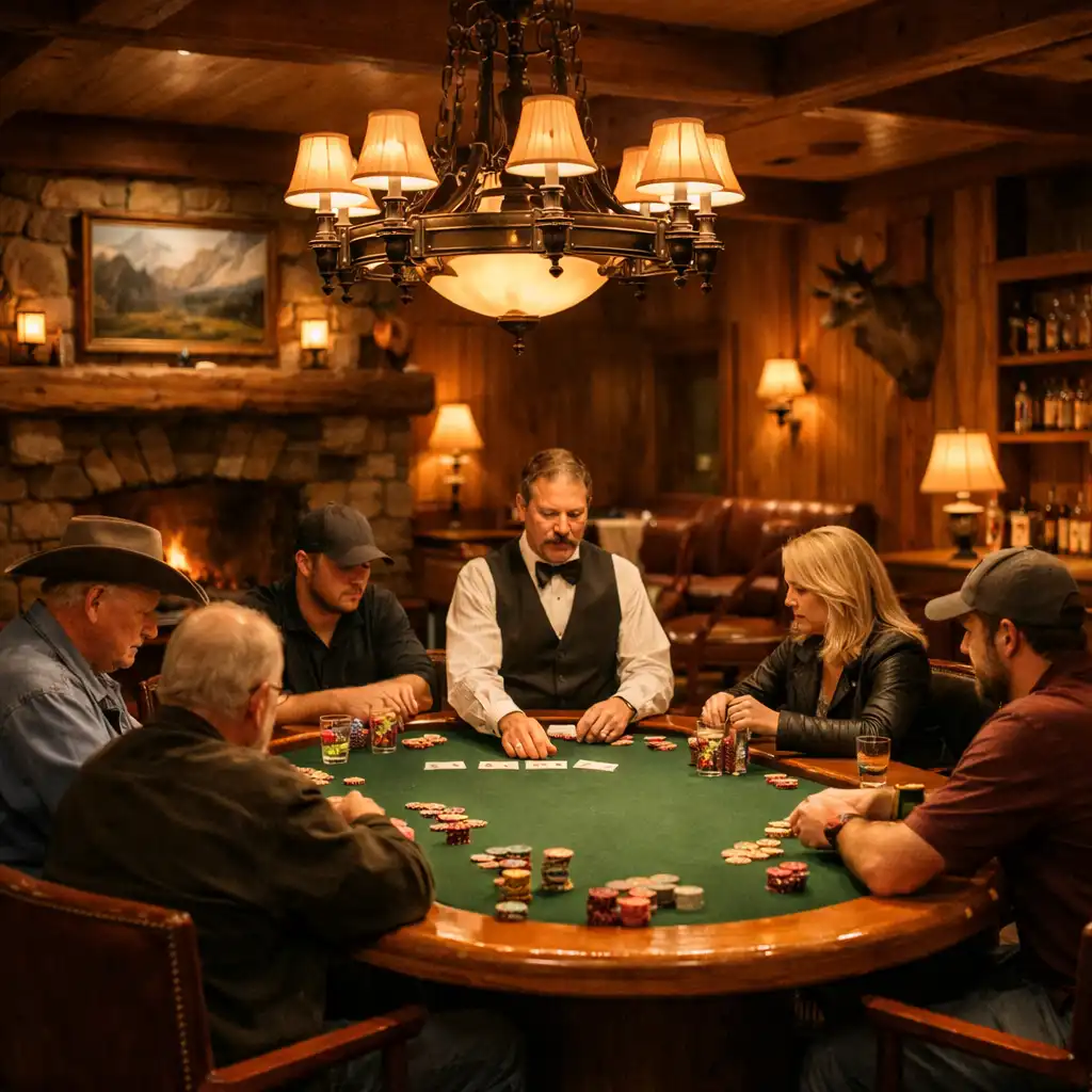 Poker room with a complete poker table and players at Card Cabin Townsville