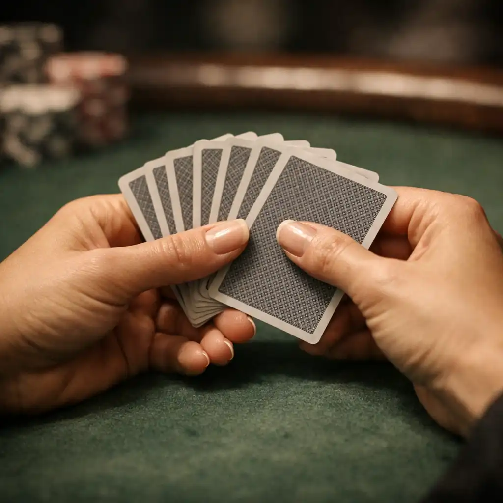 Hands holding poker cards on the felt of a physical poker table