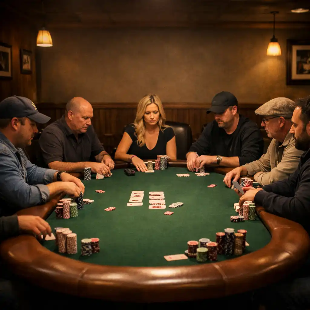 Poker players around a physical poker table in the Card Cabin Poker Room