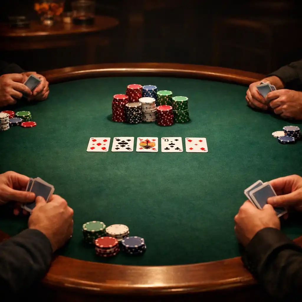 Poker players around a complete physical poker table with green felt and wooden rails at Card Cabin Townsville