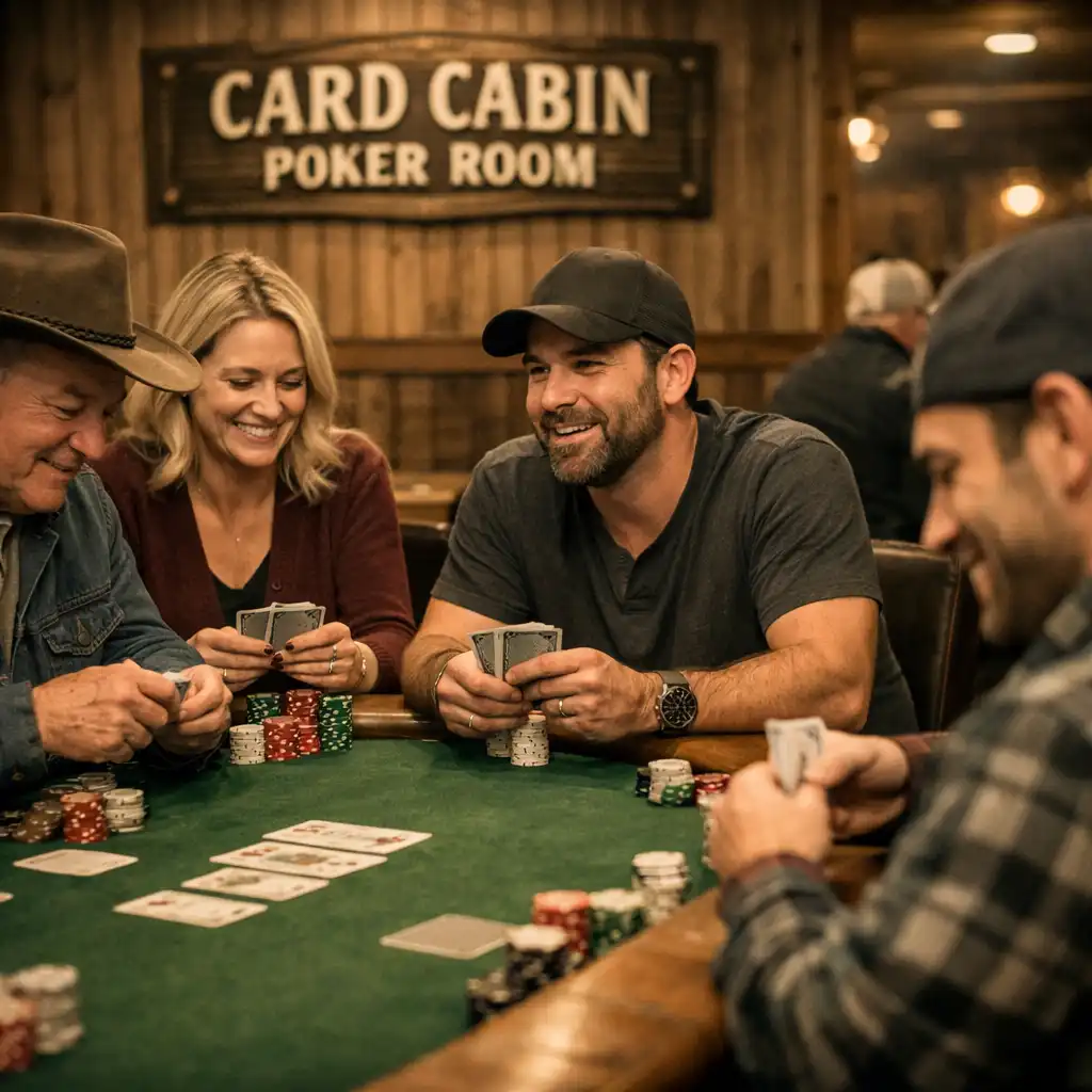 Poker players around a physical poker table in the Card Cabin Poker Room