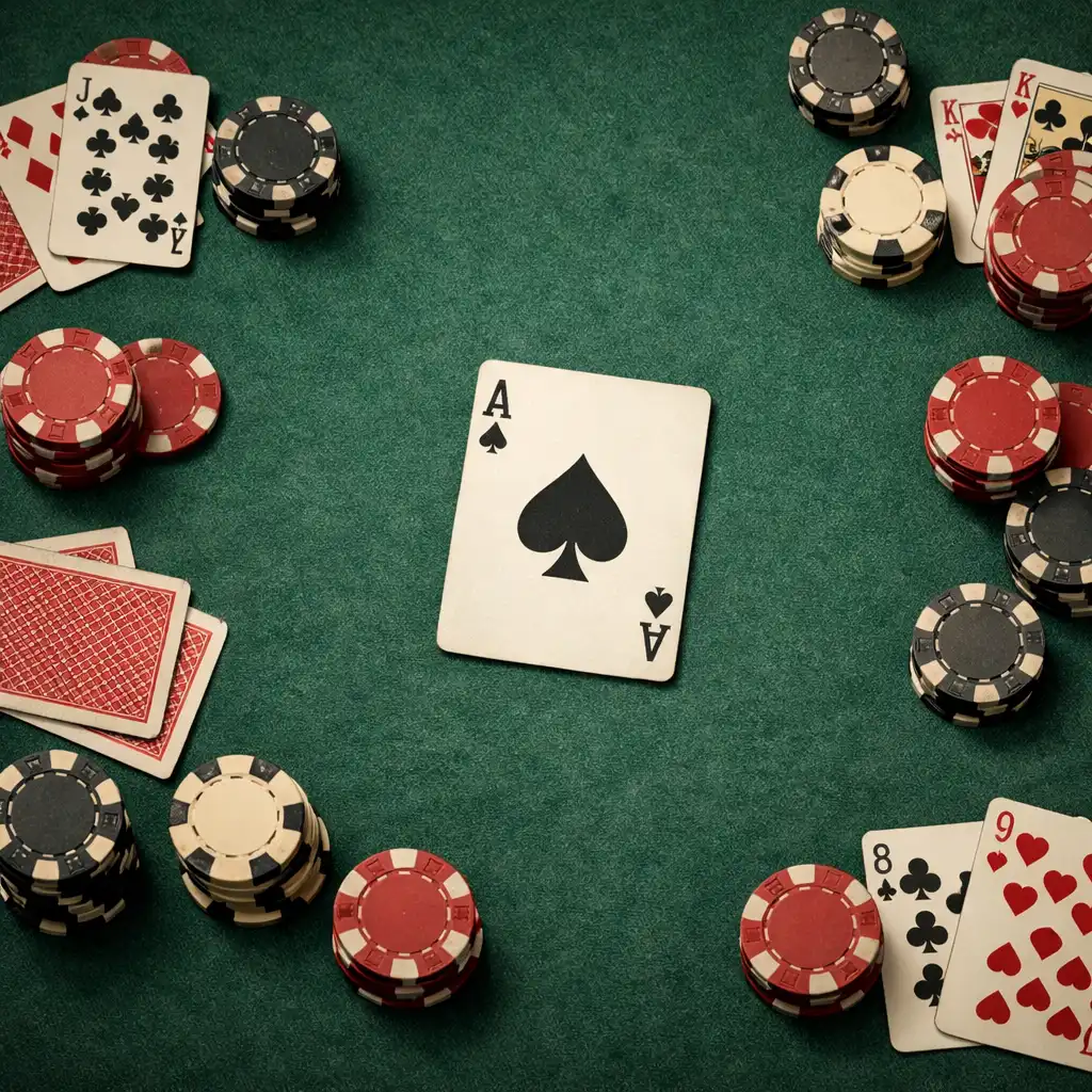 Physical poker chips and playing cards arranged on a green felt poker table