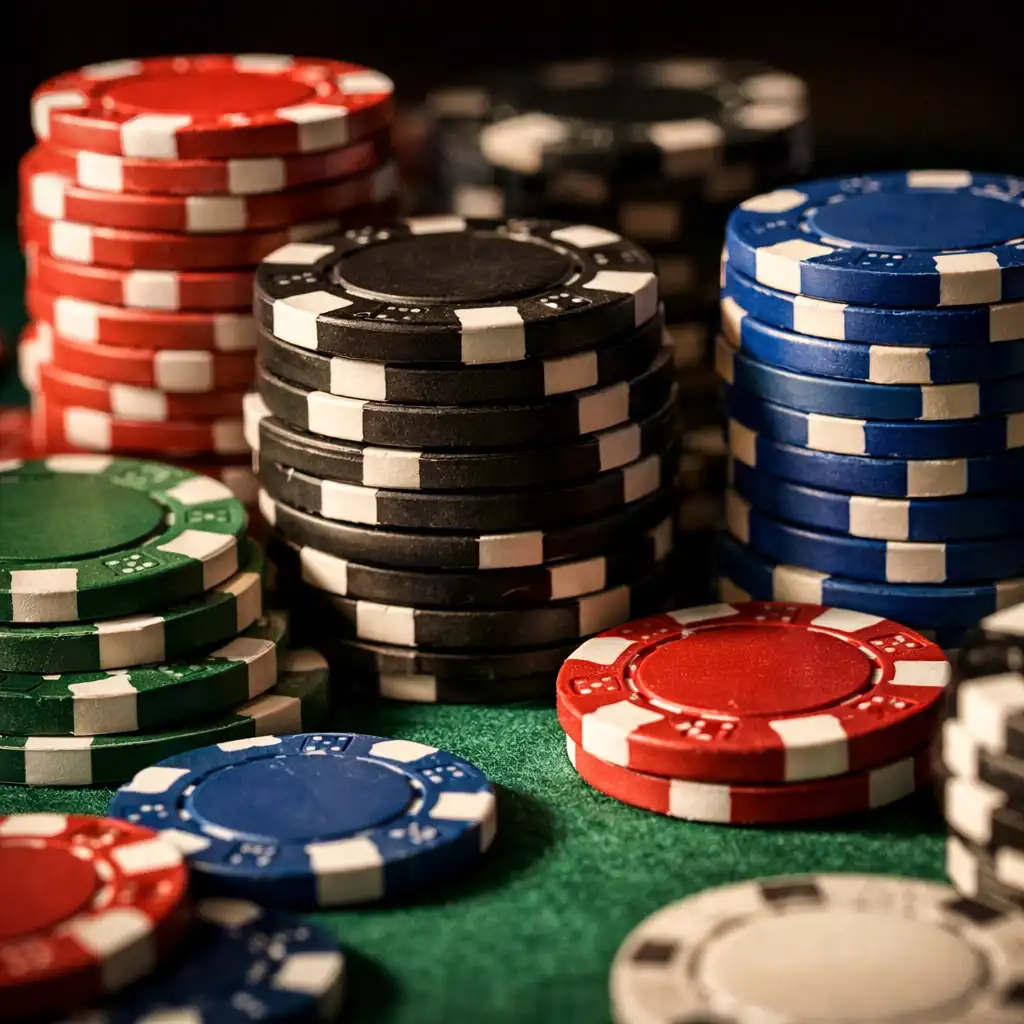 Close-up of poker chips stacked and scattered on a poker table at Card Cabin Townsville