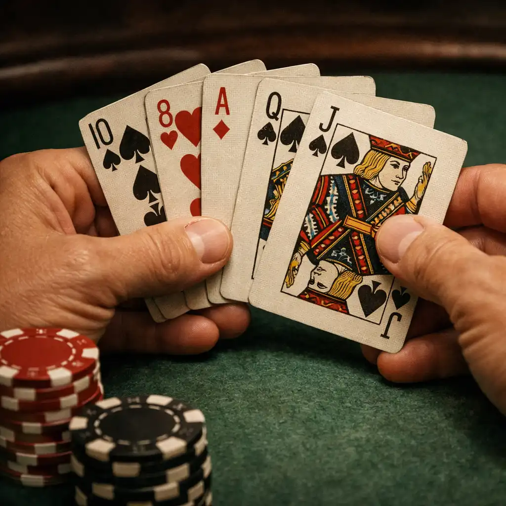 Hands holding physical poker cards over a green felt poker table