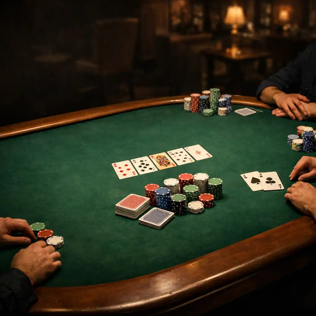 Poker players around a physical poker table in the Card Cabin Poker Room