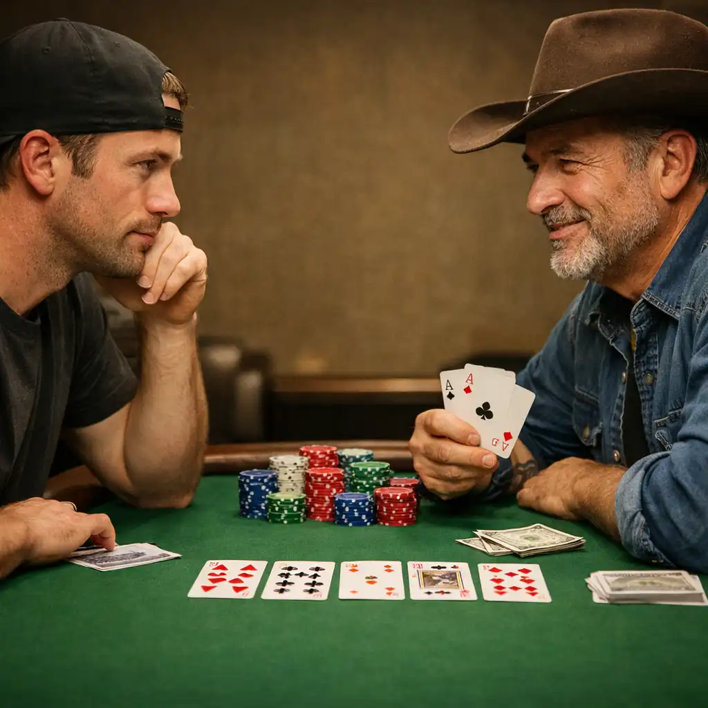 Two poker players facing each other across a poker table at Card Cabin Townsville
