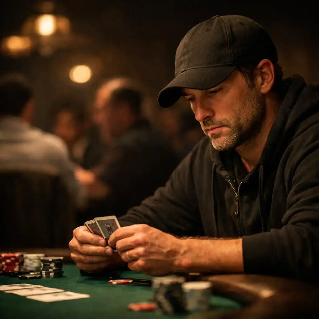 A focused poker player looking at their cards at a table in the Card Cabin Poker Room