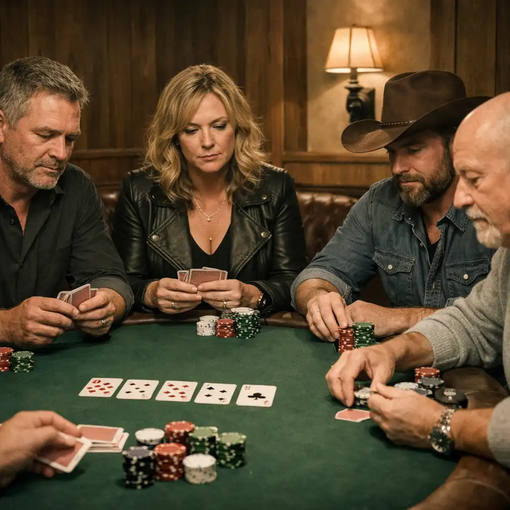 Poker players seated around a physical poker table in a warmly lit room