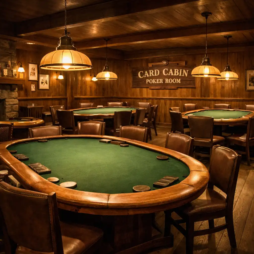 Poker players around complete physical poker tables in the Card Cabin Poker Room