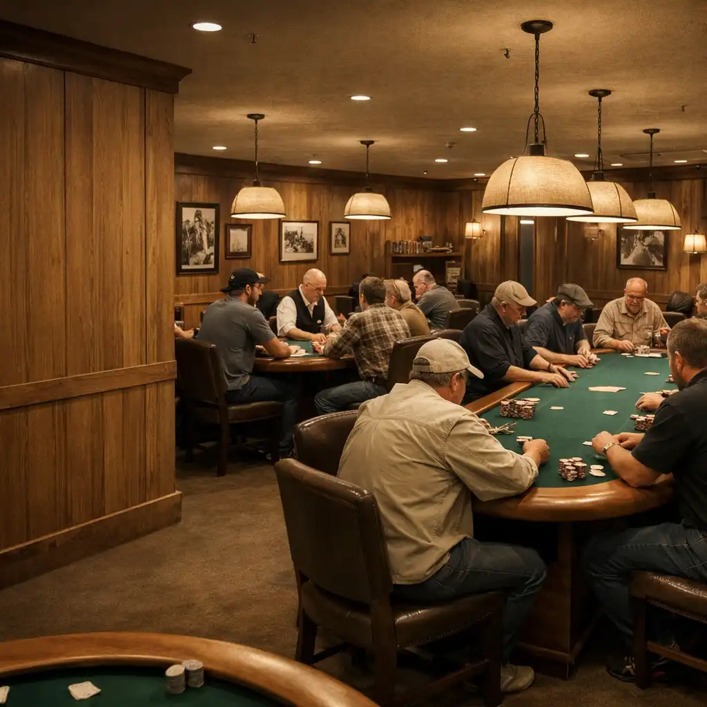 Poker players around physical poker tables in the Card Cabin Poker Room
