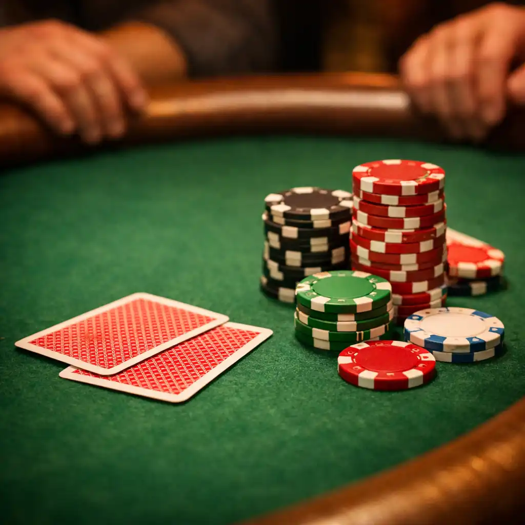 Close-up of a physical poker table with cards and chips in the Card Cabin Poker Room