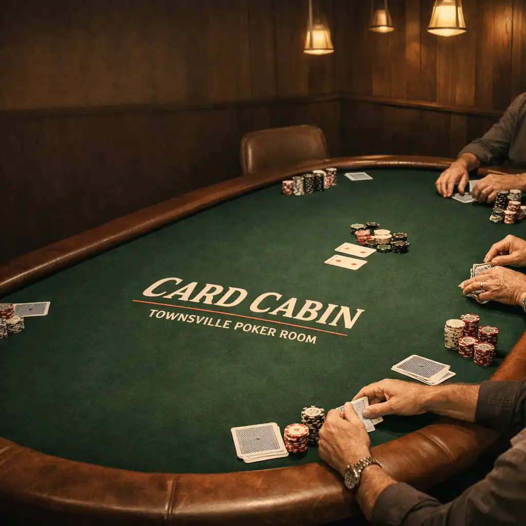 Poker players around a physical poker table in the Card Cabin Poker Room