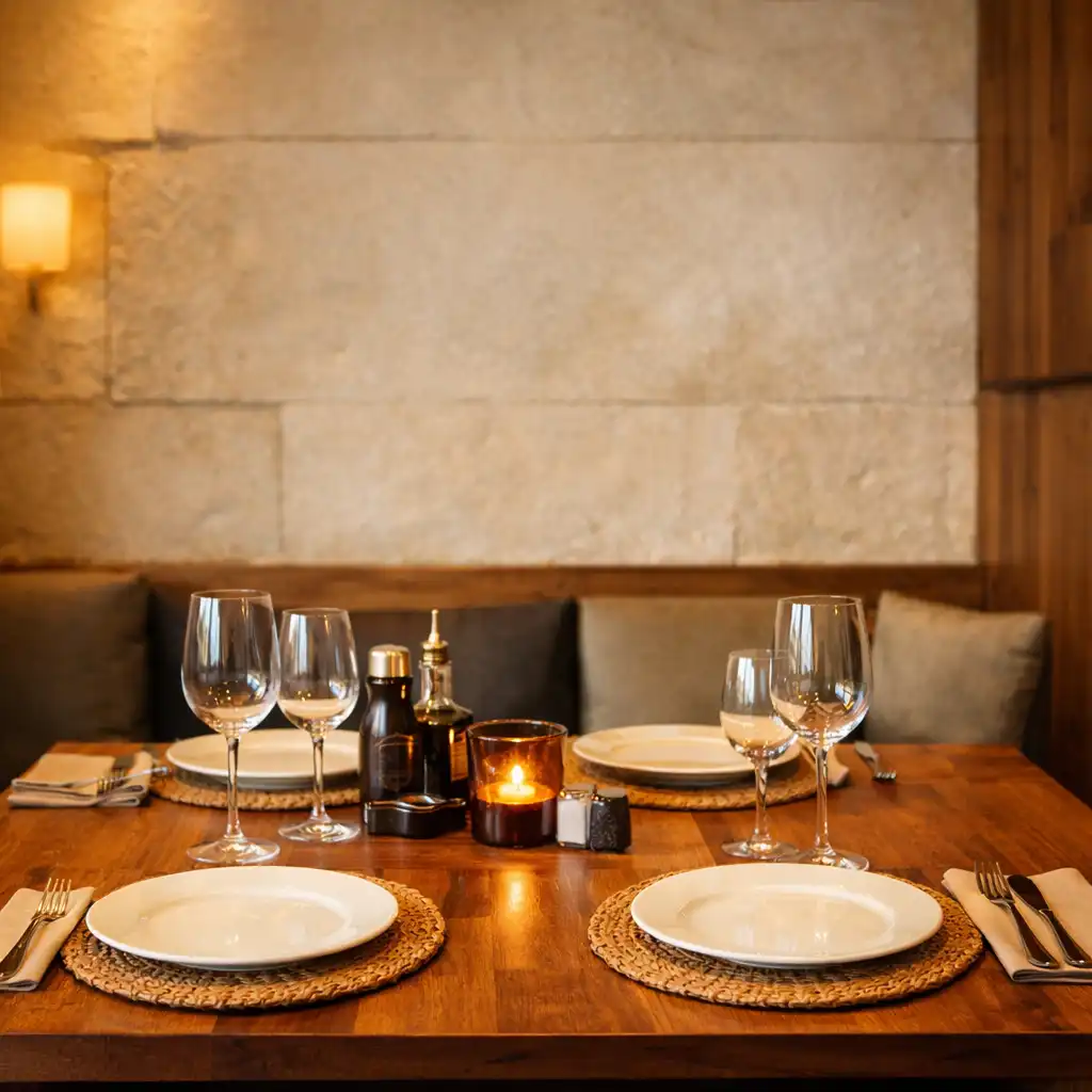 Warm dining table with timber surface in the restaurant at Card Cabin Townsville