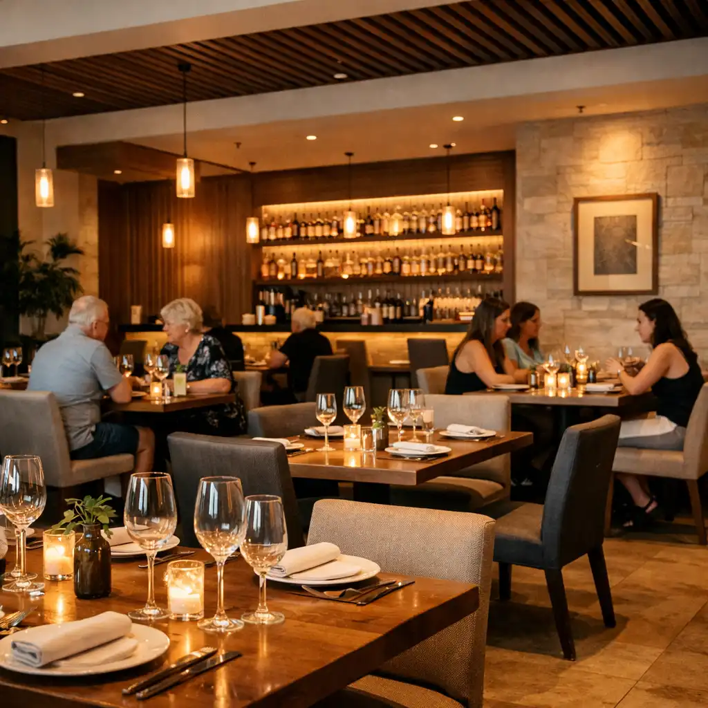Interior of the on-site restaurant at Card Cabin Townsville with timber tables and warm lighting