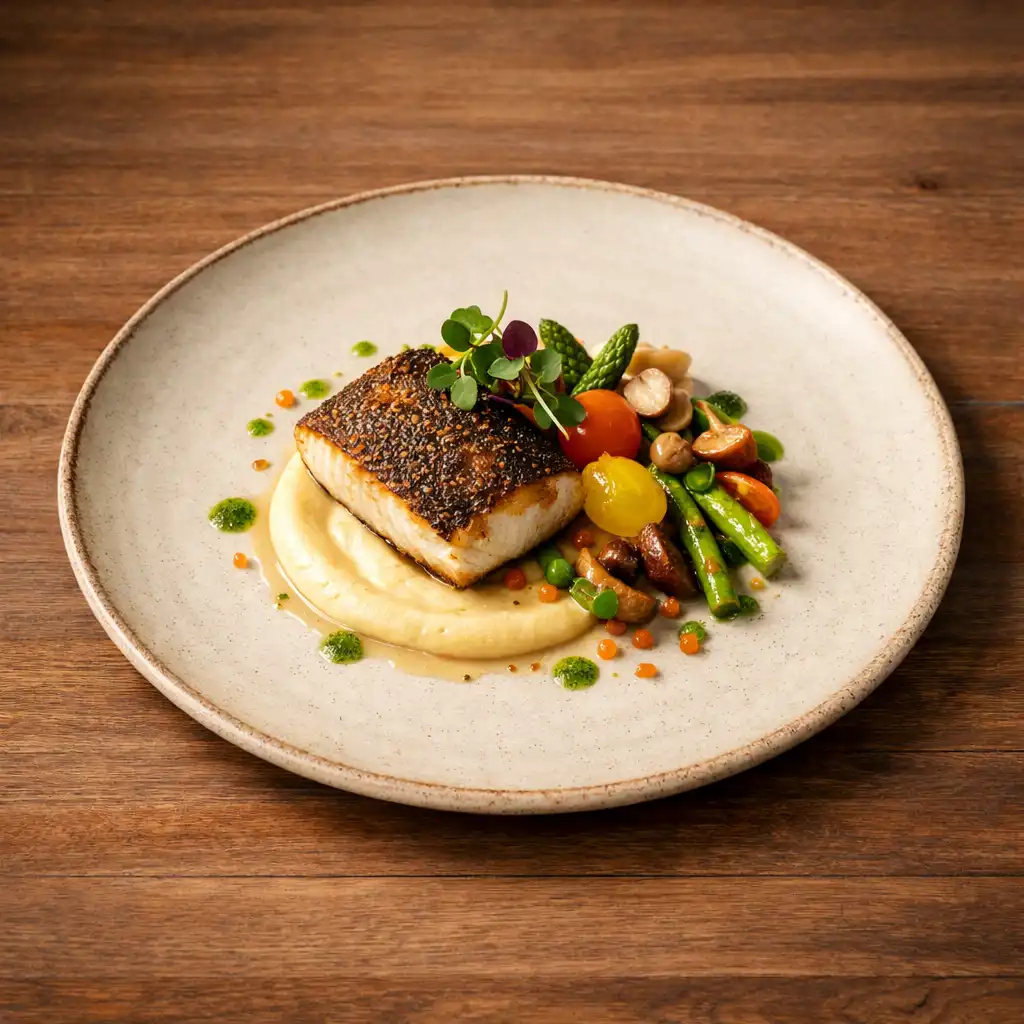 Signature dish on a ceramic plate in the restaurant at Card Cabin Townsville
